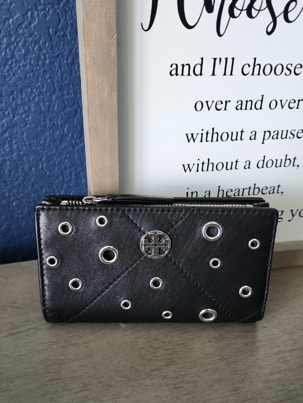 Tory Burch Black Leather Grommet Wallet with Silver Hardware